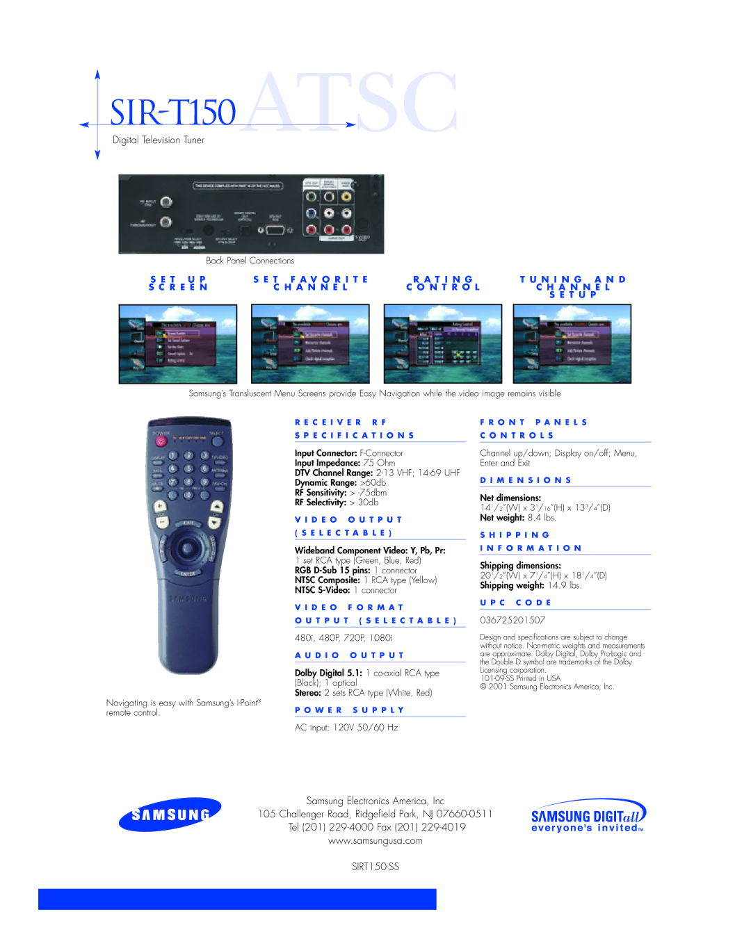 Samsung ATSCSIR-T150 manual SIR-T150 Atsc, Digital Television Tuner 