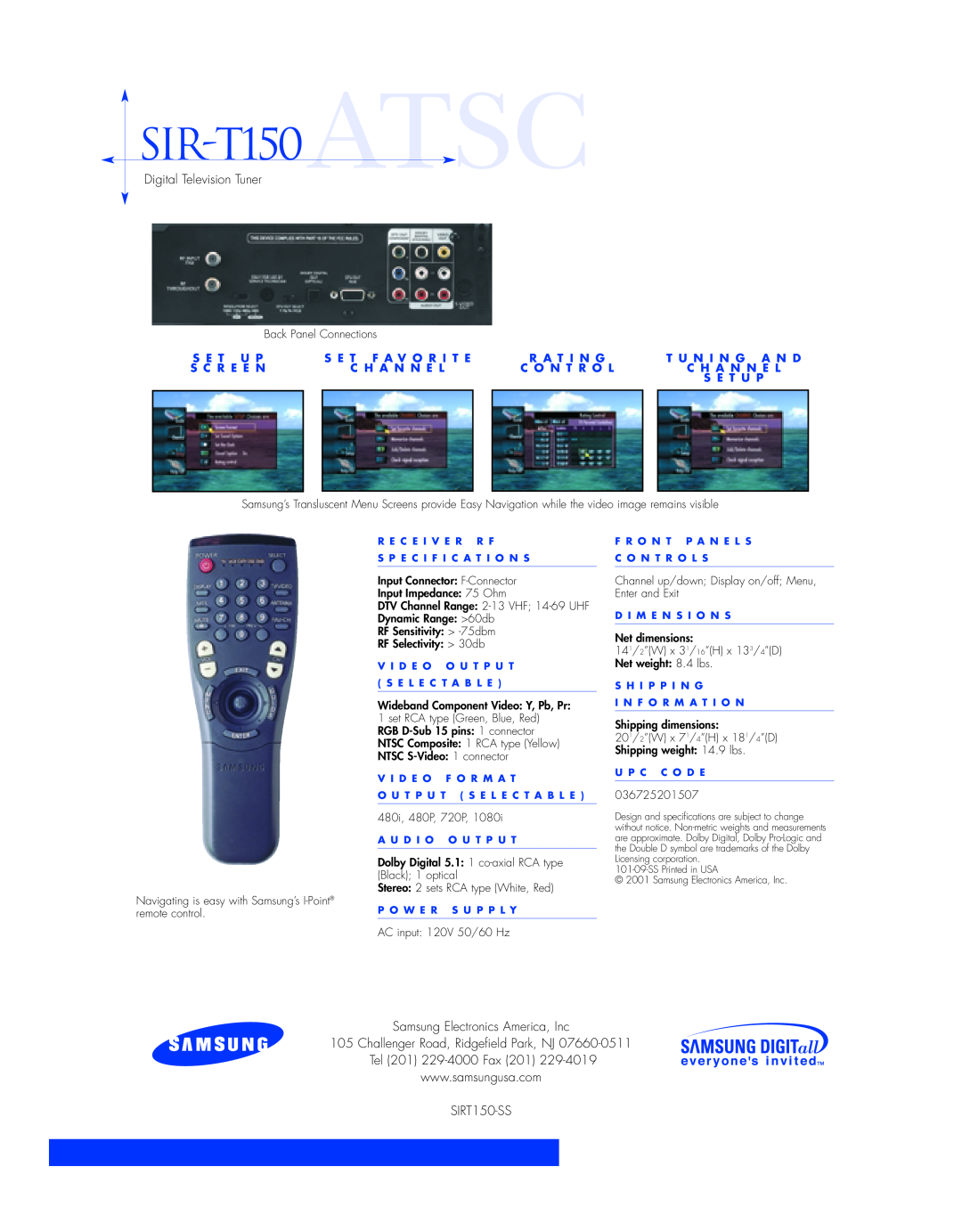 Samsung ATSCSIR-T150 manual SIR-T150 ATSC, Digital Television Tuner, Samsung Electronics America, Inc, SIRT150-SS 