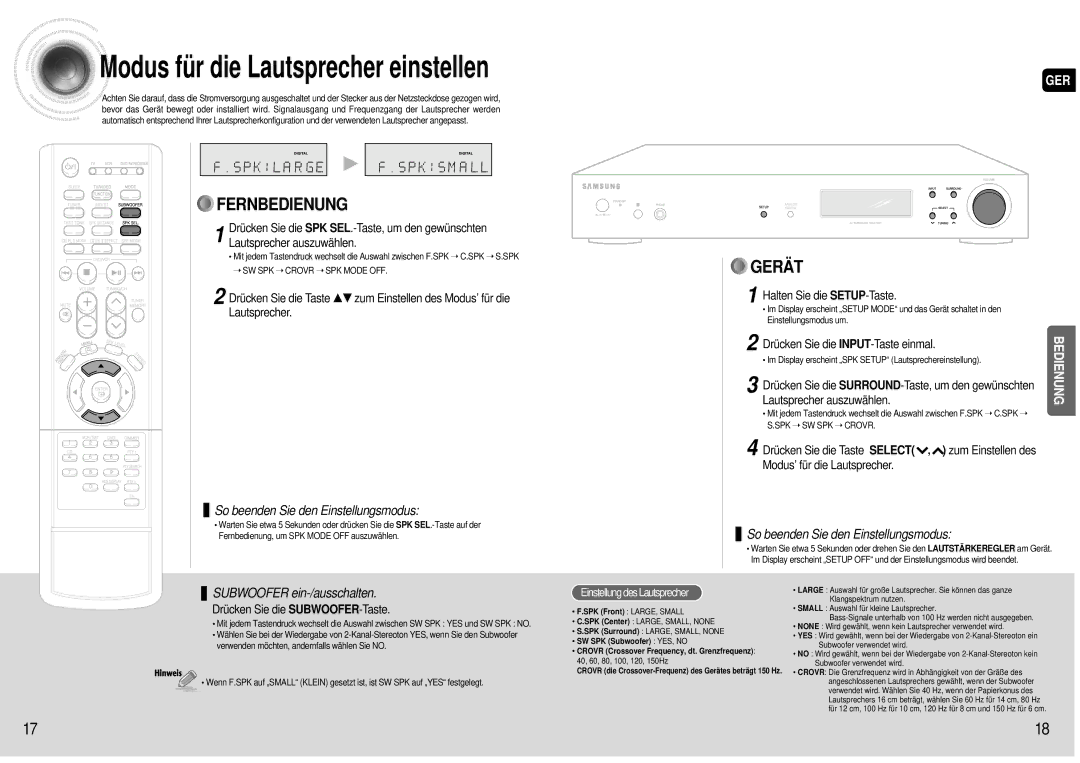 Samsung AV-R600R/ELS manual Halten Sie die SETUP-Taste, Drücken Sie die INPUT-Taste einmal, Lautsprecher auszuwählen 