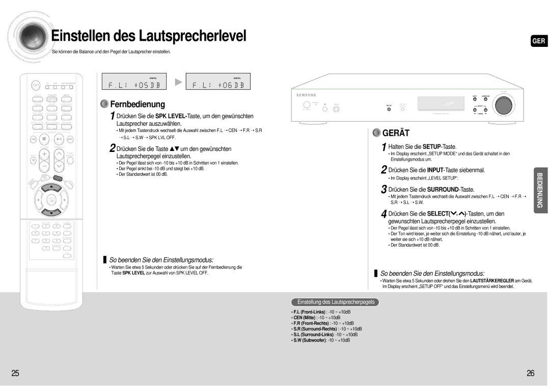 Samsung AV-R600R/ELS manual Einstellen des Lautsprecherlevel, Drücken Sie die INPUT-Taste siebenmal 