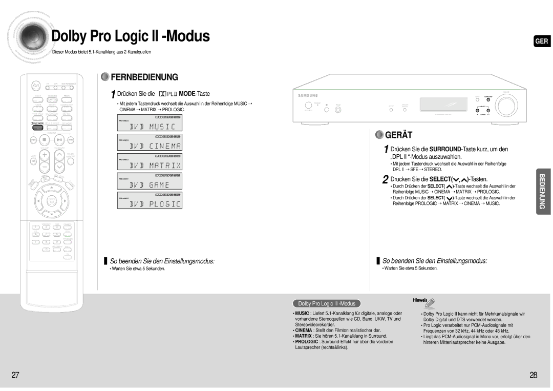 Samsung AV-R600R/ELS manual Dolby Pro Logic ll -Modus, Drücken Sie die MODE-Taste, Tasten 