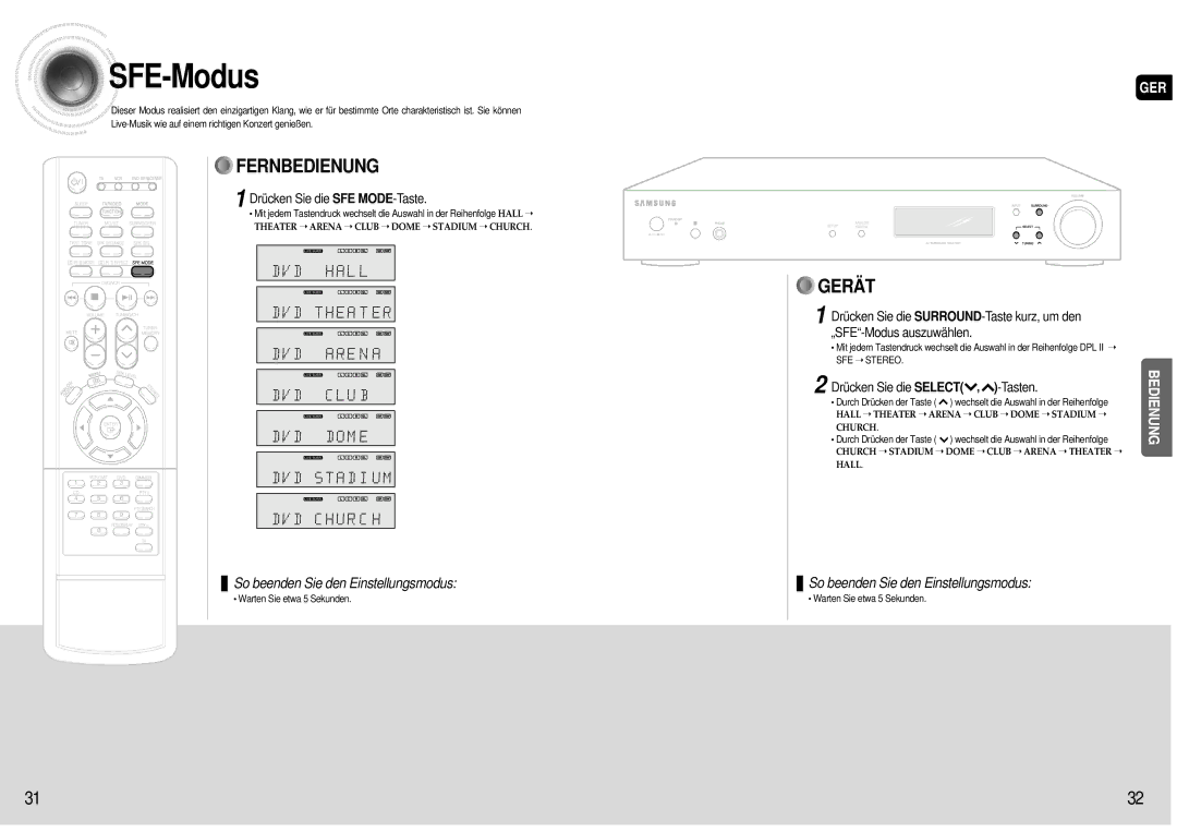 Samsung AV-R600R/ELS manual SFE-Modus, Drücken Sie die SFE MODE-Taste, Drücken Sie die Select , -Tasten 