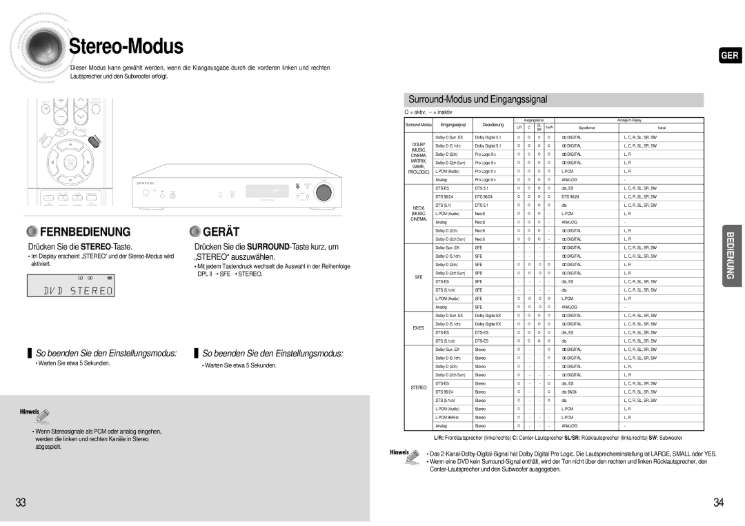 Samsung AV-R600R/ELS manual Stereo-Modus, Surround-Modus und Eingangssignal, Drücken Sie die STEREO-Taste 