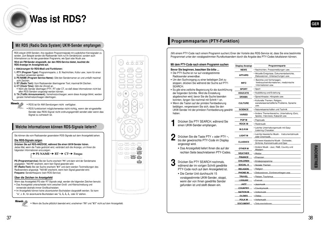 Samsung AV-R600R/ELS manual Die PTY-Suche ist nur auf vorabgestimmte, Radiosender anwendbar, Haben 