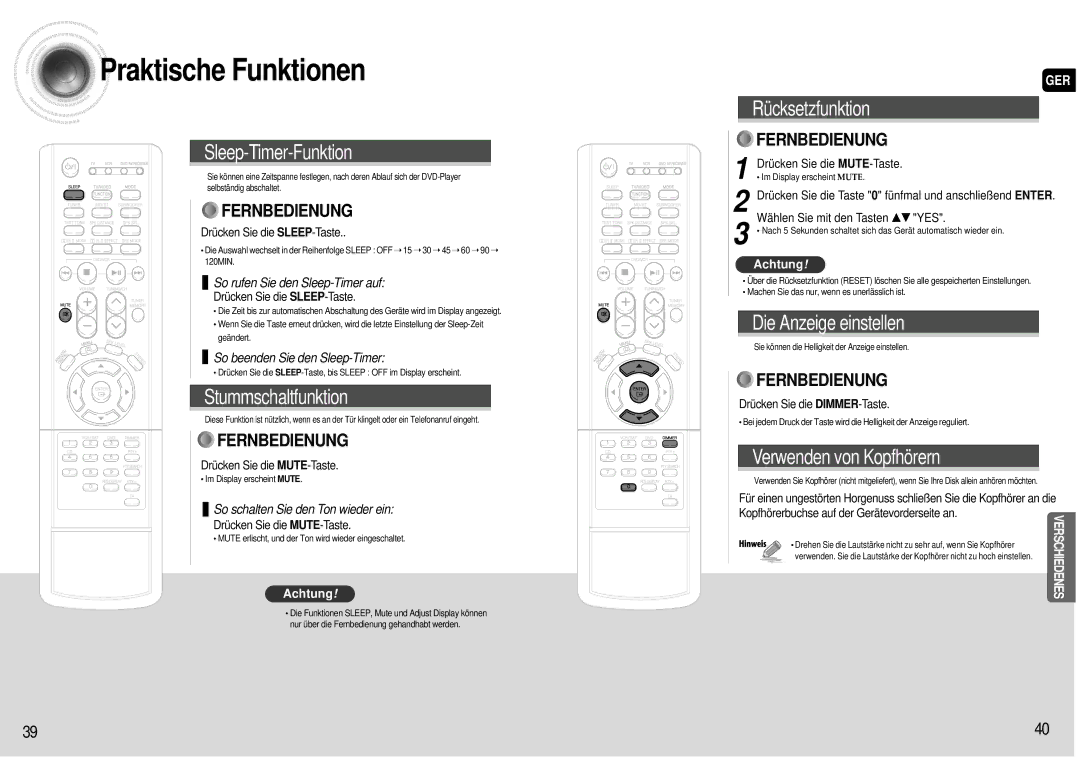 Samsung AV-R600R/ELS manual Praktische Funktionen, Drücken Sie die SLEEP-Taste, Drücken Sie die MUTE-Taste 