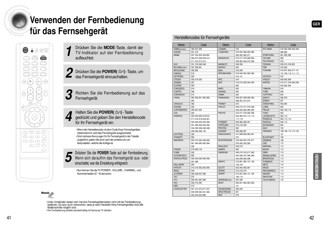 Samsung AV-R600R/ELS Verwenden der Fernbedienung fü r das Fernsehgerä t, Herstellercodes für Fernsehgeräte, Marke Code 