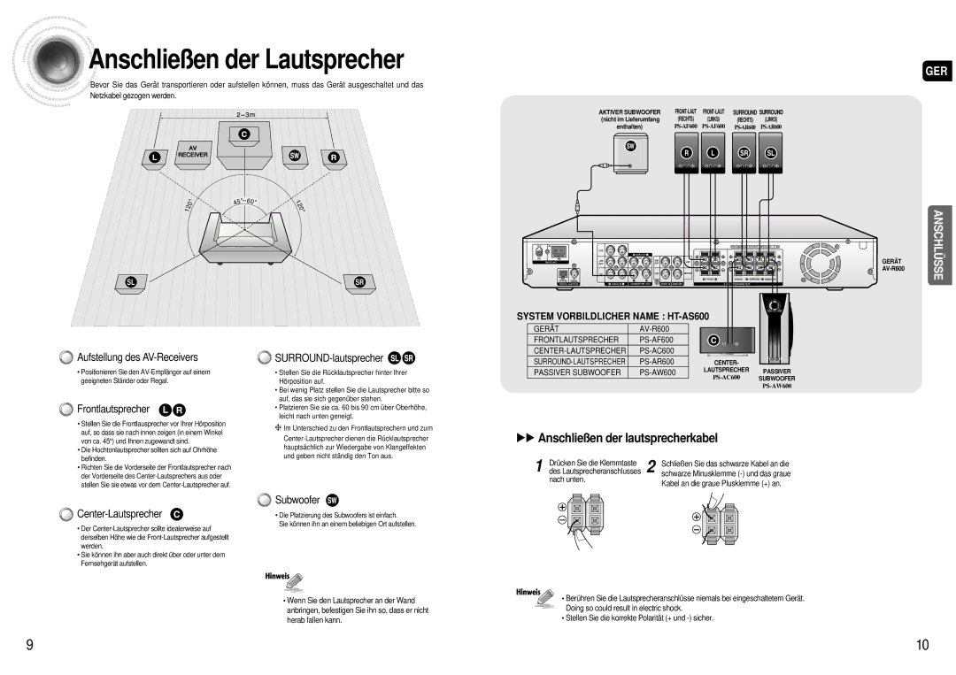 Samsung AV-R600R/ELS Anschließen der Lautsprecher, Aufstellung des AV-Receivers, Frontlautsprecher SURROUND-lautsprecher 