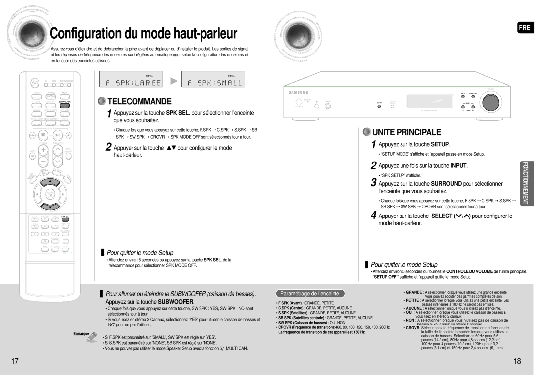 Samsung AV-R601R/ELS Appuyez sur la touche Setup, Appuyez une fois sur la touche Input, Appuyez sur la touche Subwoofer 