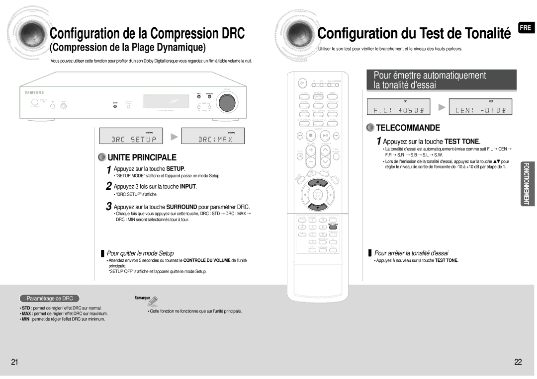 Samsung AV-R601R/ELS manual Appuyez sur la touche Test Tone, Appuyez 3 fois sur la touche Input, Paramétrage de DRC 