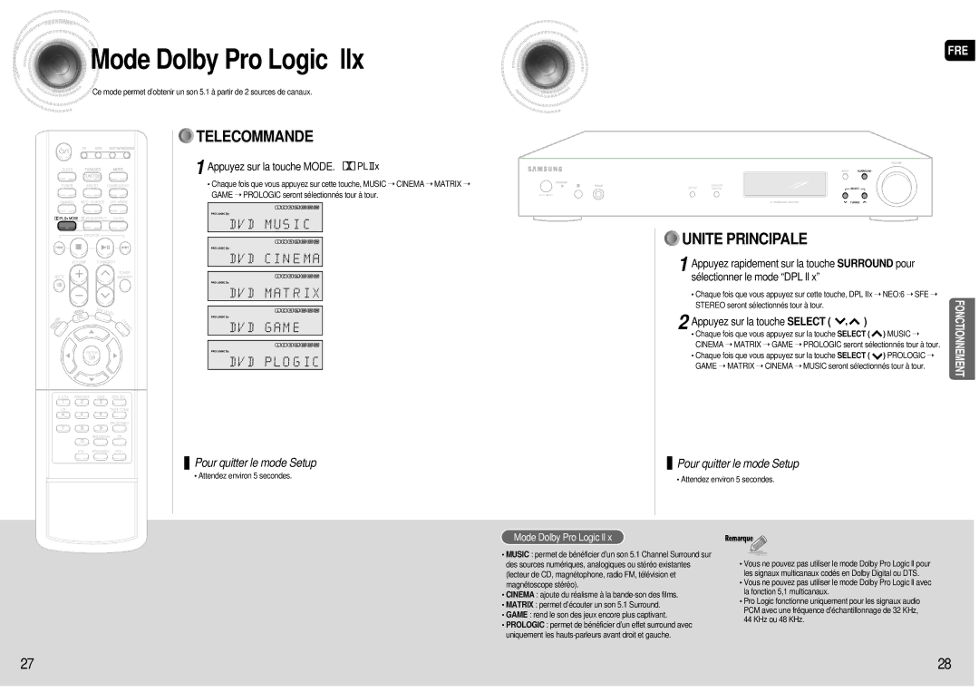 Samsung AV-R601R/ELS manual Mode Dolby Pro Logic llx, Appuyez sur la touche Mode 