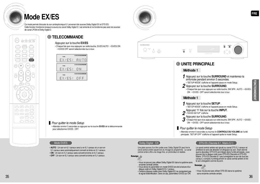 Samsung AV-R601R/ELS manual Mode EX/ES, Appuyez sur la touche EX/ES, Appuyez 11 fois sur la touche Input, Dolby Digital EX 