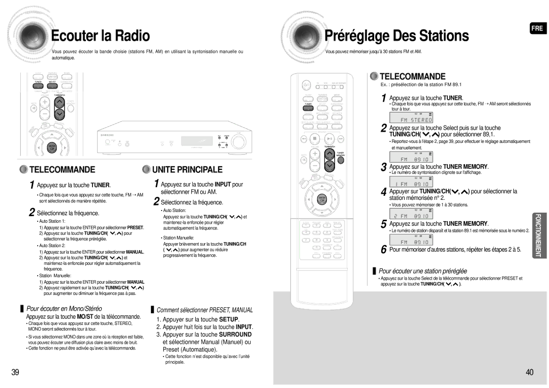 Samsung AV-R601R/ELS manual Ecouter la Radio, Préréglage Des Stations 