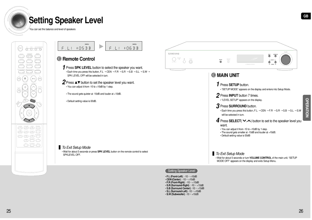 Samsung AV-R601R/ELS manual Setting Speaker Level, Press SPK Level button to select the speaker you want 