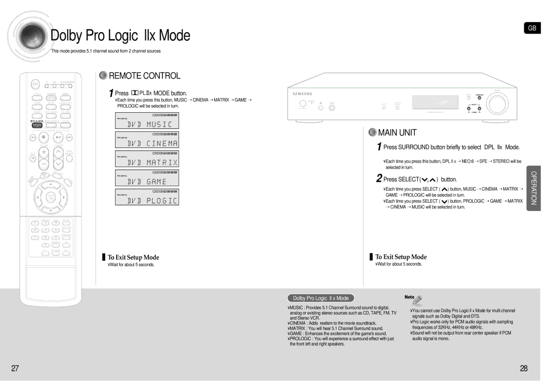 Samsung AV-R601R/ELS Dolby Pro Logic llx Mode, Press Mode button, Press Surround button briefly to select DPL llx Mode 