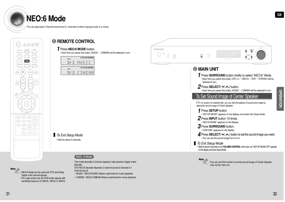 Samsung AV-R601R/ELS Press NEO6 Mode button, Press Surround button briefly to select NEO6 Mode, Press Select , button 