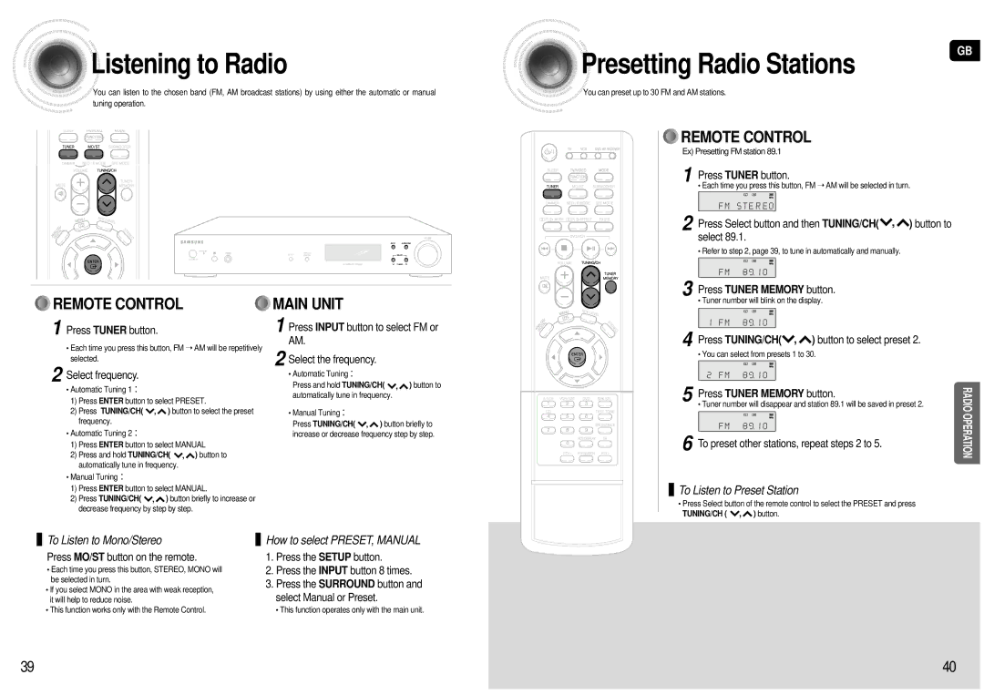 Samsung AV-R601R/ELS manual Listening to Radio, Presetting Radio Stations 