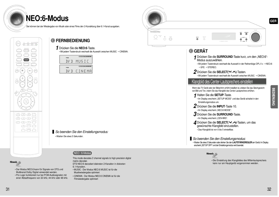 Samsung AV-R601R/ELS manual NEO6 -Modus, Drücken Sie die NEO6-Taste, Drücken Sie die Select , -Tasten, NEO 6-Modus 