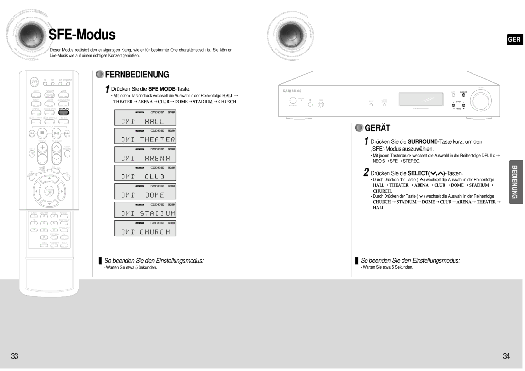 Samsung AV-R601R/ELS manual SFE -Modus, Drücken Sie die SFE MODE-Taste 