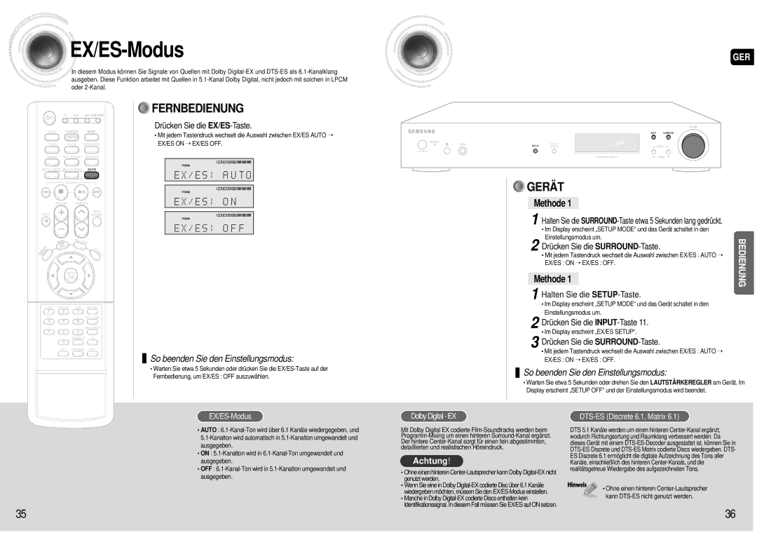 Samsung AV-R601R/ELS manual EX/ES -Modus, Drücken Sie die EX/ES-Taste, Methode 