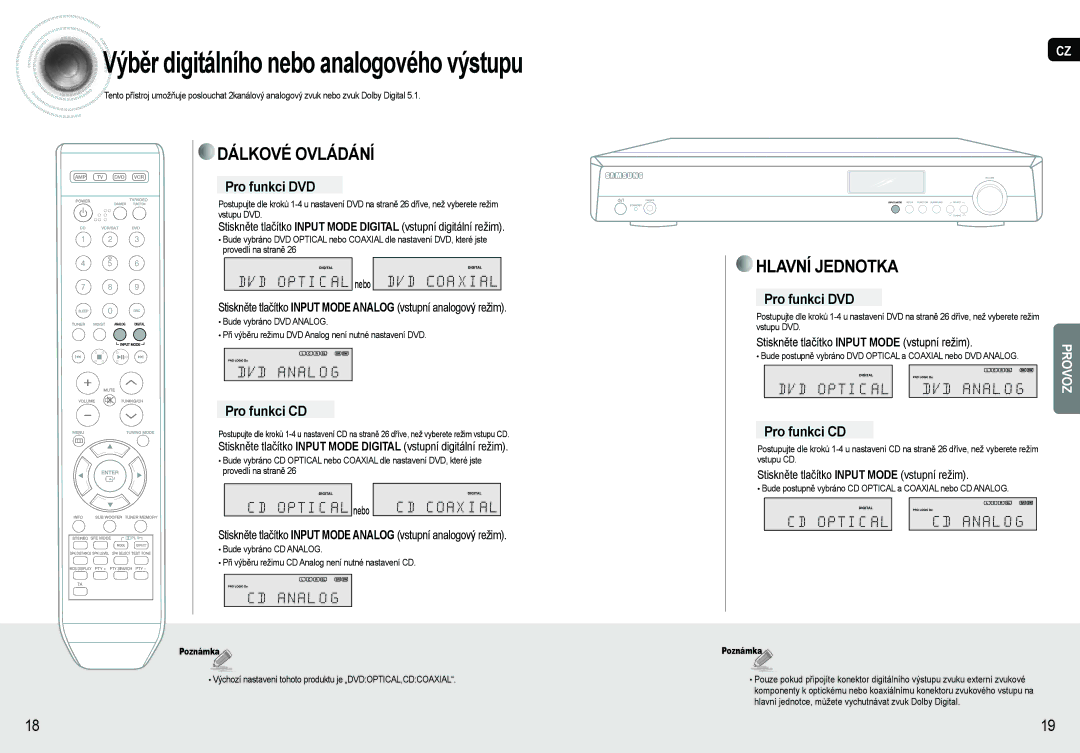 Samsung AV-R620R/XEO manual Pro funkci DVD, Pro funkci CD, Stiskněte tlačítko Input Mode vstupní režim 