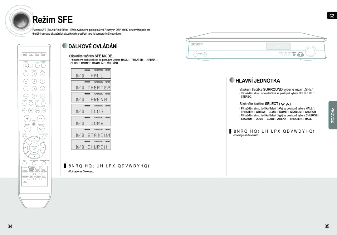 Samsung AV-R620R/XEO manual Režim SFE, Stiskněte tlačítko SFE Mode, Stiskem tlačítka Surround vyberte režim „SFE 