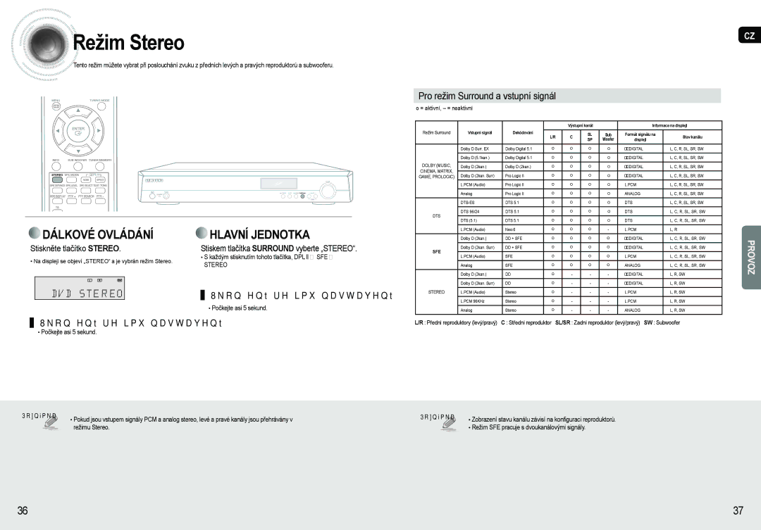 Samsung AV-R620R/XEO manual Režim Stereo, Pro režim Surround a vstupní signál, Stiskněte tlačítko Stereo 