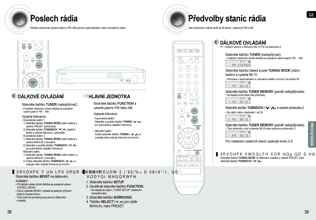 Samsung AV-R620R/XEO manual Poslech rádia, Předvolby stanic rádia 