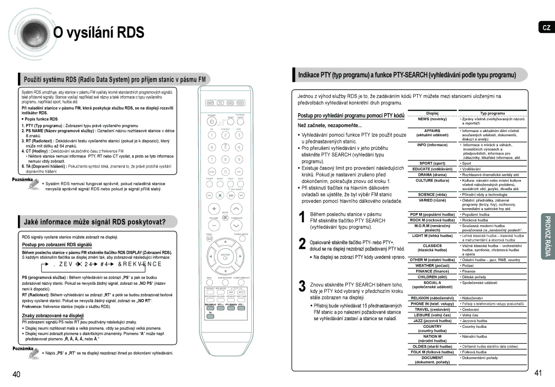 Samsung AV-R620R/XEO manual Vysílání RDS, Jaké informace může signál RDS poskytovat? 