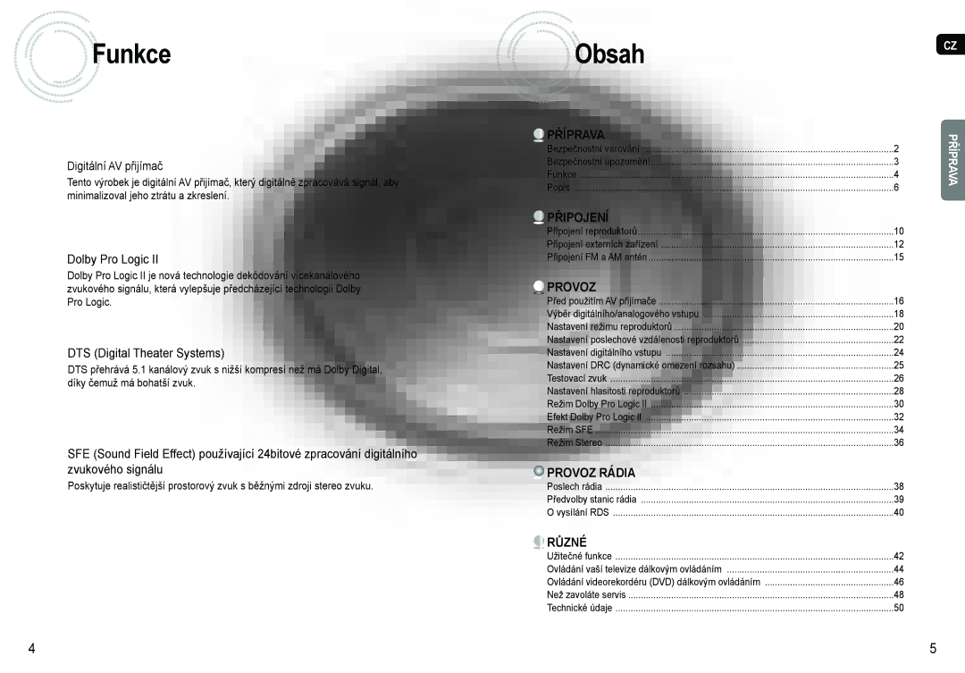 Samsung AV-R620R/XEO manual Funkce, Obsah, Dolby Pro Logic, DTS Digital Theater Systems 