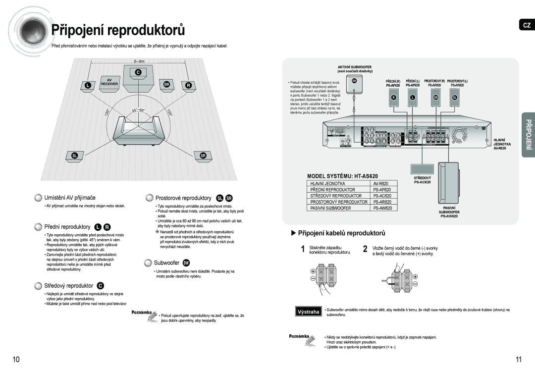 Samsung AV-R620R/XEO manual Připojení reproduktorů,  Připojení kabelů reproduktorů 