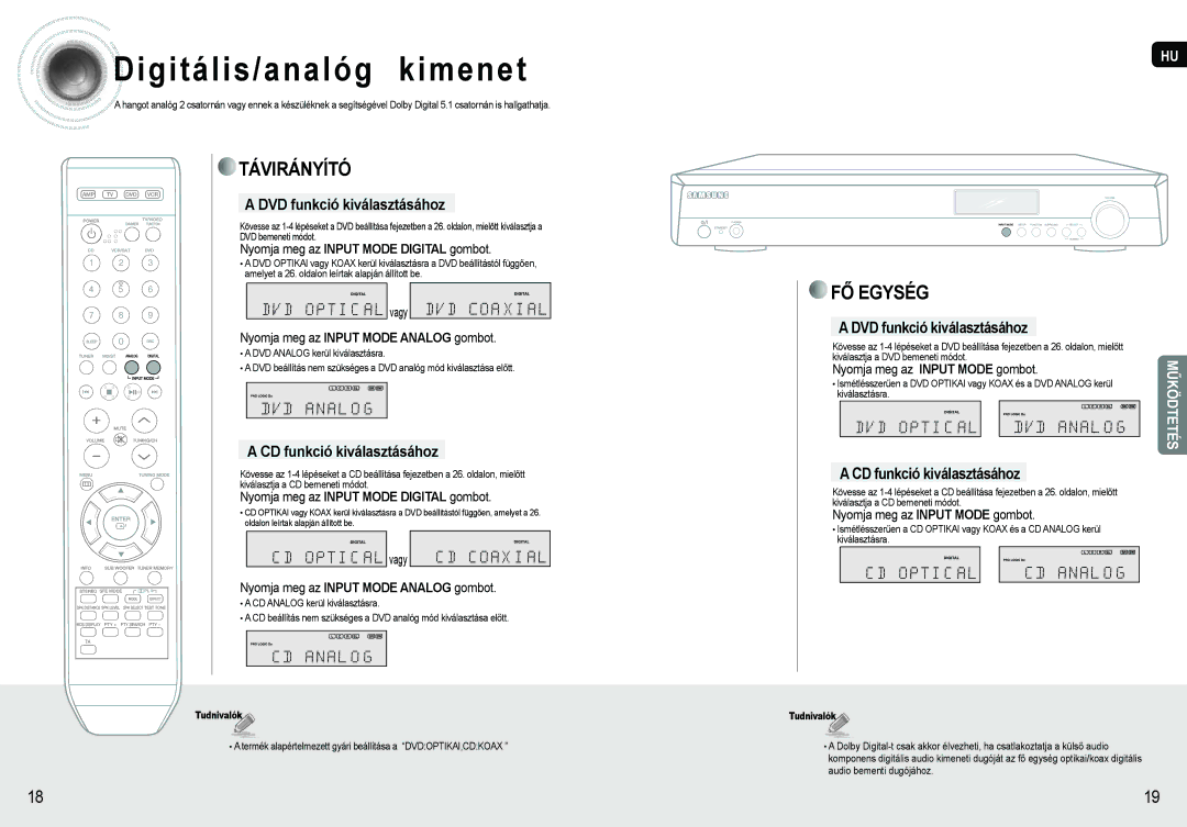 Samsung AV-R620R/XEO manual Digitális/analóg kimenet, DVD funkció kiválasztásához, CD funkció kiválasztásához 