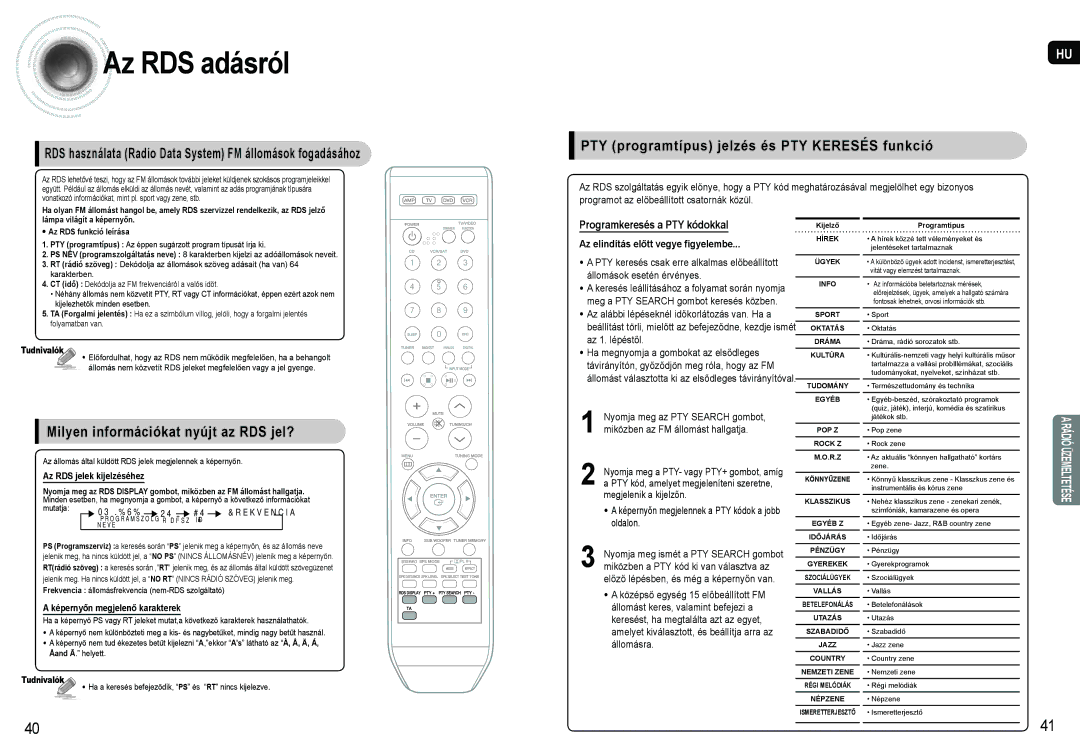 Samsung AV-R620R/XEO manual Az RDS adásról, RDS használata Radio Data System FM állomások fogadásához 