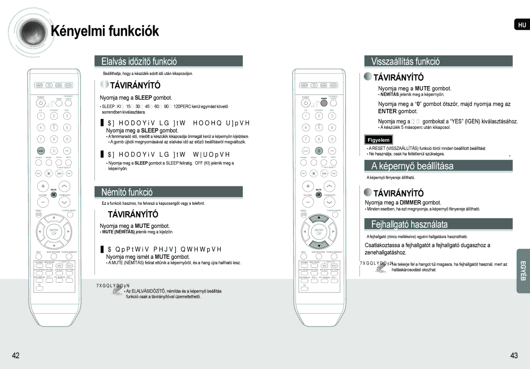 Samsung AV-R620R/XEO Kényelmi funkciók, Nyomja meg a Sleep gombot, Nyomja meg a Mute gombot, Nyomja meg a Dimmer gombot 