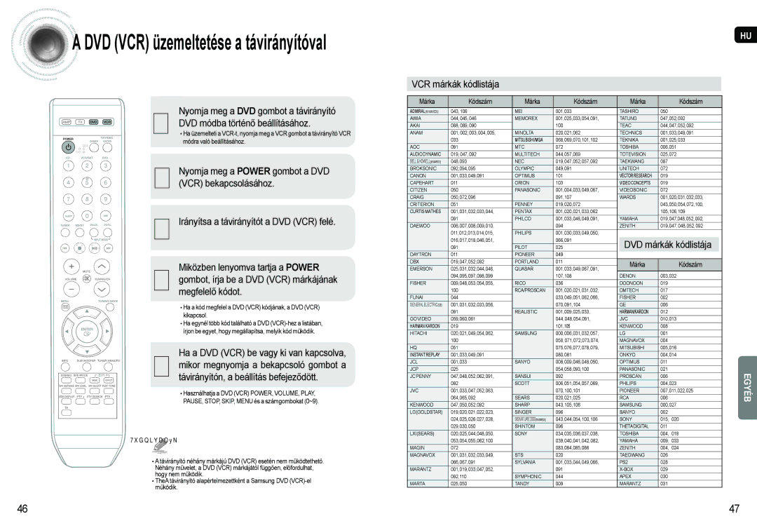 Samsung AV-R620R/XEO manual DVD módba történő beállításához, VCR bekapcsolásához, VCR márkák kódlistája 