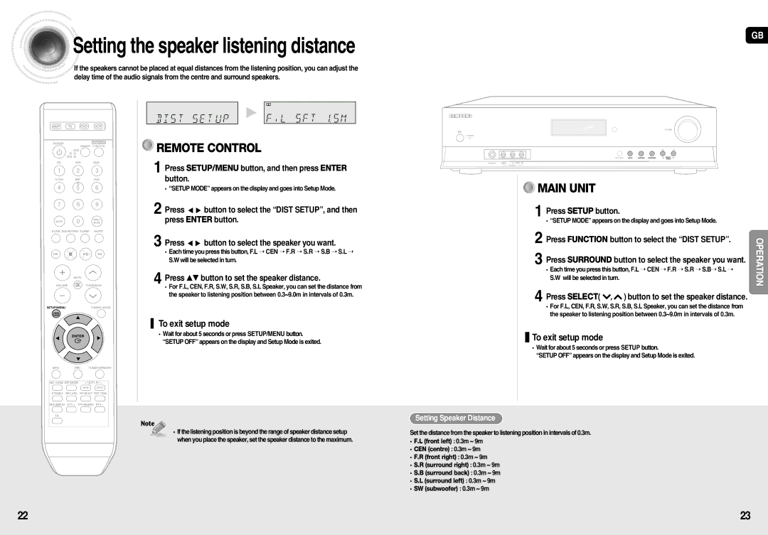 Samsung AV-R710R/ELS manual Press …† button to set the speaker distance, Press Function button to select the Dist Setup 