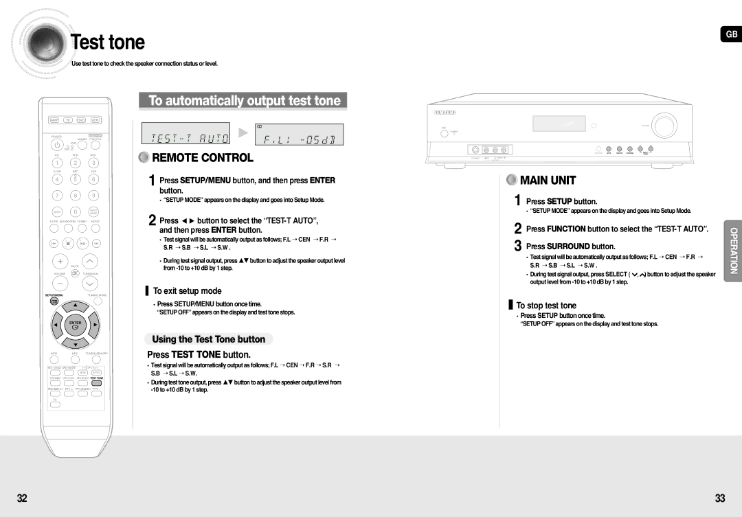 Samsung HT-AS710R/XEU Test tone, To automatically output test tone, Using the Test Tone button, Press Test Tone button 