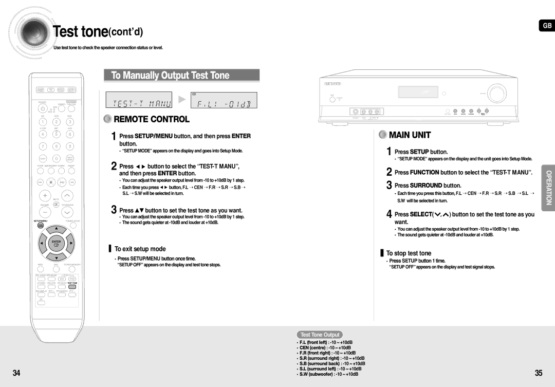 Samsung AV-R710R/ELS manual Test tonecont’d, To Manually Output Test Tone, Press …† button to set the test tone as you want 