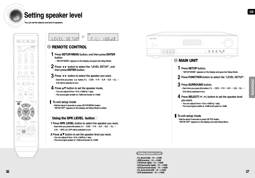 Samsung HT-AS710R/ELS, AV-R710R/ELS, HT-AS710R/XEU manual Setting speaker level, Using the SPK Level button 