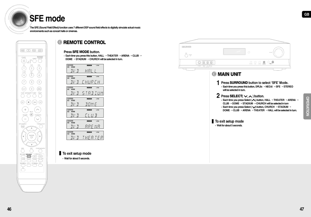 Samsung AV-R710R/ELS SFE mode, Press SFE Mode button, Press Surround button to select ‘SFE’ Mode, Press Select , button 