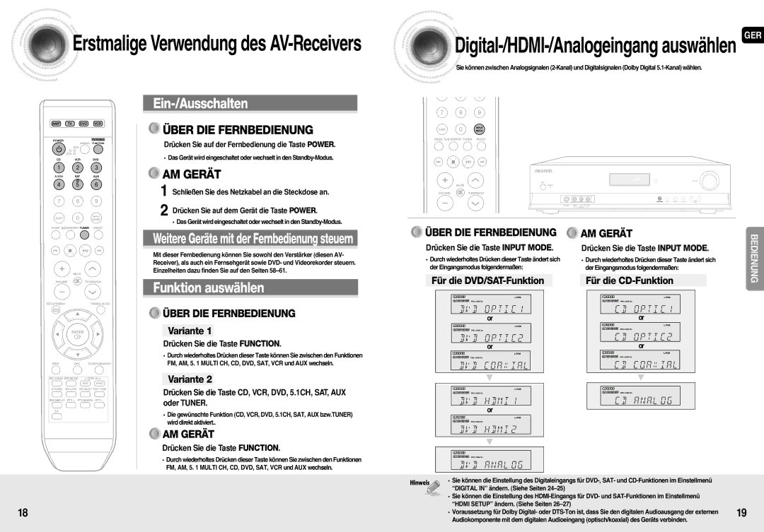 Samsung AV-R710R/ELS manual Variante, Für die CD-Funktion, Drücken Sie die Taste Function, Drücken Sie die Taste Input Mode 