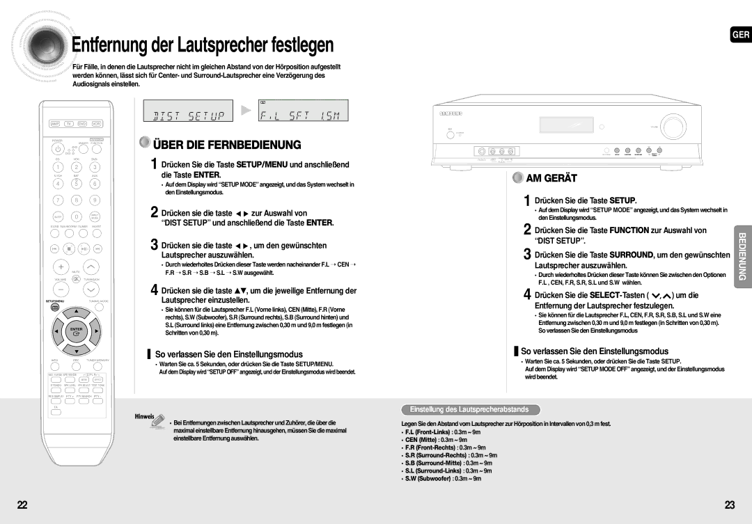 Samsung AV-R710R/ELS, HT-AS710R/ELS Dist Setup, Einstellung des Lautsprecherabstands, CEN, F.R, S.R, S.L und S.W wählen 