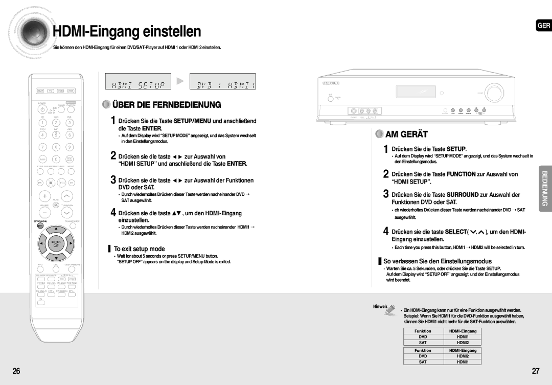 Samsung AV-R710R/ELS, HT-AS710R/ELS manual Hdmi -Eingang einstellen, To exit setup mode, Hdmi Setup, Ausgewählt 