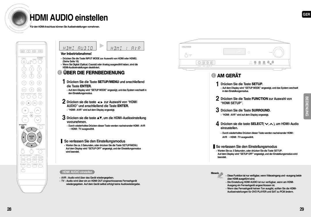 Samsung HT-AS710R/ELS, AV-R710R/ELS manual Hdmi Audio einstellen, Drücken Sie die Taste Surround 