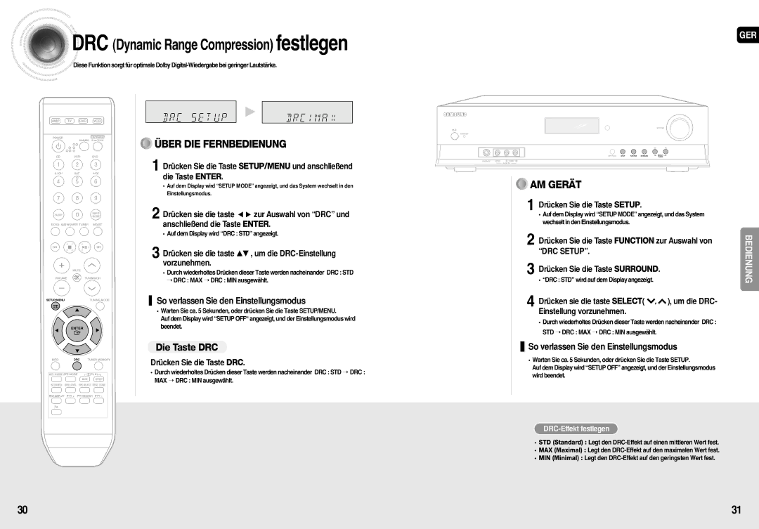 Samsung AV-R710R/ELS, HT-AS710R/ELS manual Die Taste DRC, Drücken Sie die Taste DRC, DRC-Effekt festlegen 