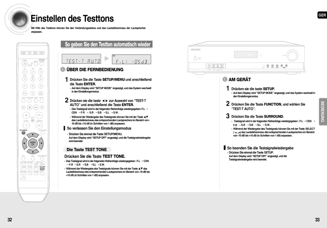 Samsung HT-AS710R/ELS Einstellen des Testtons, Die Taste Test Tone, So beenden Sie die Testsignalwiedergabe, TEST-T Auto 