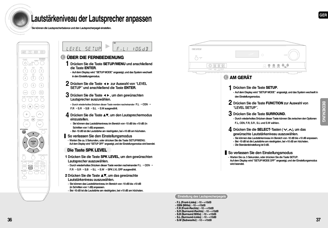 Samsung HT-AS710R/ELS, AV-R710R/ELS manual Die Taste SPK Level, Level Setup, Einstellung des Lautsprecherpegels 