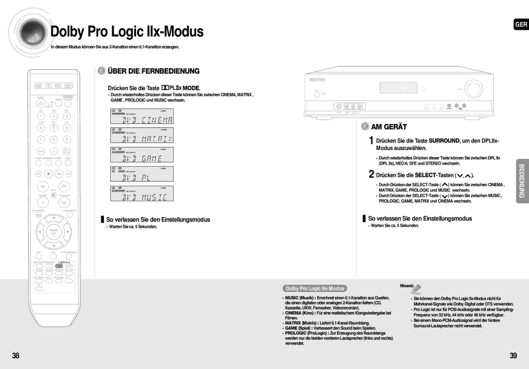 Samsung AV-R710R/ELS, HT-AS710R/ELS Dolby Pro Logic IIx-Modus, Drücken Sie die Taste Mode, Drücken Sie die SELECT-Tasten 