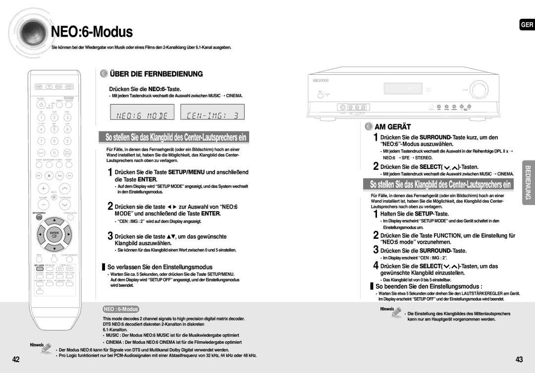 Samsung AV-R710R/ELS, HT-AS710R/ELS manual NEO6 -Modus, So beenden Sie den Einstellungsmodus, Drücken Sie die NEO6-Taste 