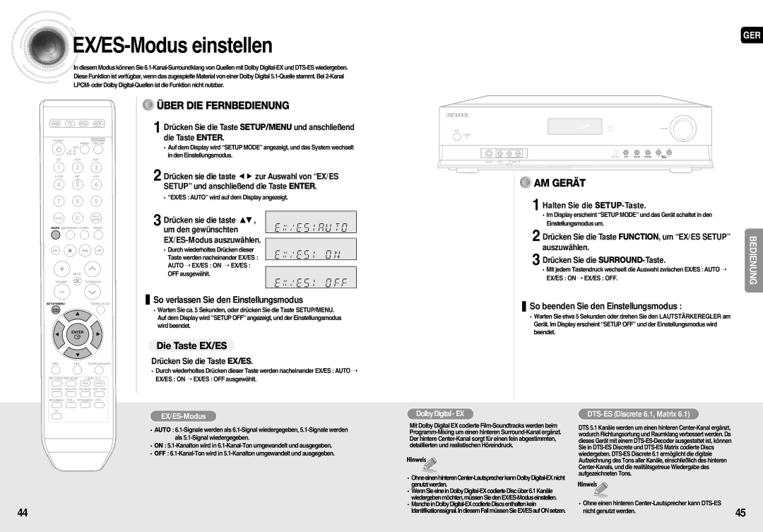 Samsung HT-AS710R/ELS, AV-R710R/ELS EX/ES -Modus einstellen, Die Taste EX/ES, Drücken Sie die Taste EX/ES, Auszuwählen 