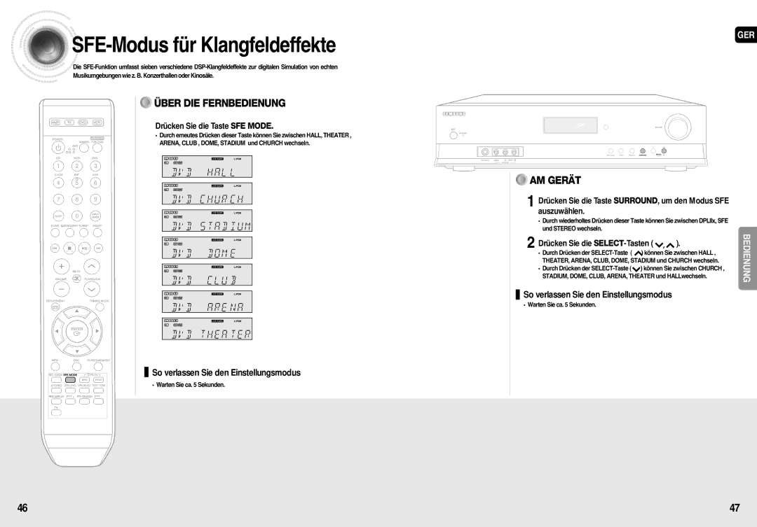 Samsung AV-R710R/ELS, HT-AS710R/ELS manual SFE -Modus für Klangfeldeffekte, Drücken Sie die Taste SFE Mode 